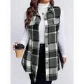 Donna Plus Size 1XL-5XL Stampa scozzese Dettaglio patta Cappotto senza maniche Moda donna Gilet termico spesso senza maniche Capispalla donna