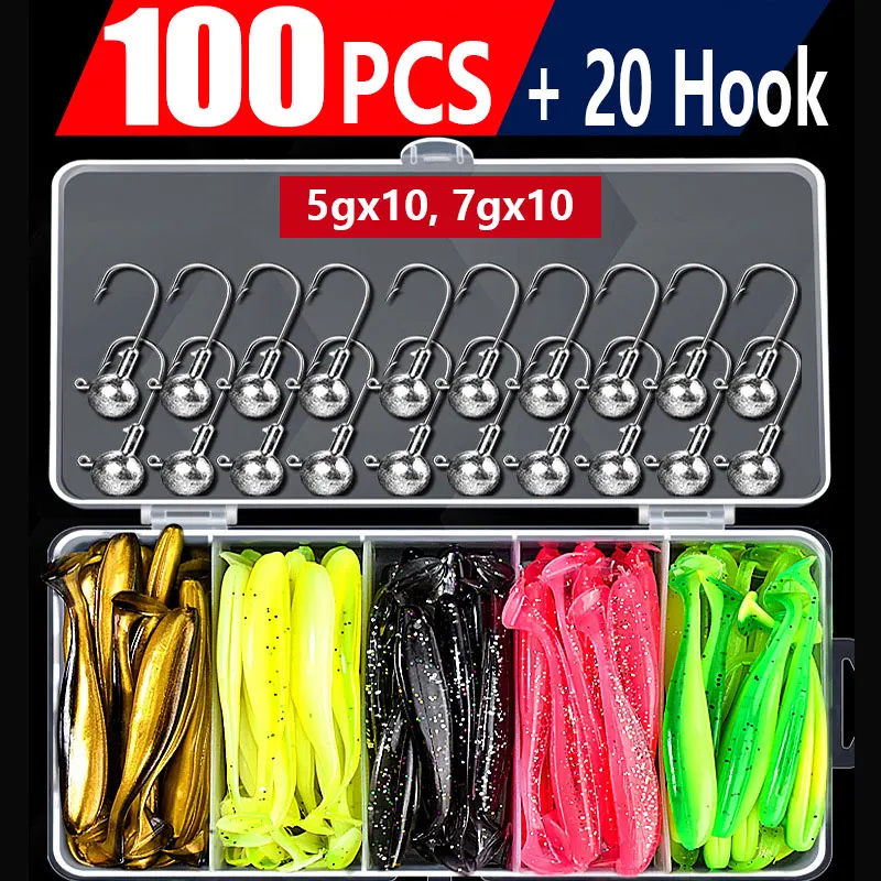 100 Stück weicher Angelköder, 20-teiliges Jig-Kopf-Haken-Set, Angelköder, komplettes Kit, Vibration, künstlicher Köder, weicher Wobbler, Silikonköder Image