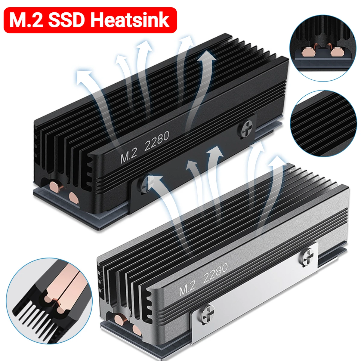 M.2 SSD-Kühlkörper mit thermischem Silikonpad, Aluminium, M.2 SSD-Kühler, 2 Kupfer-Wärmerohr-Kühler, Kühlerdichtung für M.2 NVMe 2280 SSD Image