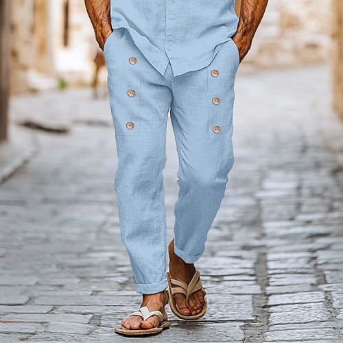 Herren Leinenhosen Hose Sommerhose Knöpfe Fronttasche Falten Einfach Komfort Atmungsaktiv Volle Länge Lässig Täglich Streetwear Ethno-Stil Retro Vintage Lässiger Schnitt Schwarz Weiß Image