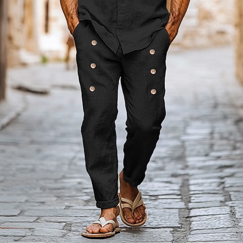 Herren Leinenhosen Hose Sommerhose Knöpfe Fronttasche Falten Einfach Komfort Atmungsaktiv Volle Länge Lässig Täglich Streetwear Ethno-Stil Retro Vintage Lässiger Schnitt Schwarz Weiß Image