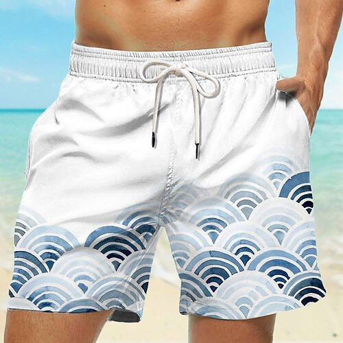 Herren Geometrisches Muster Wellen Badeshorts Boardshorts Strandshorts Mittlere Taille Tropisch Streetwear Hawaiianisch Urlaub Täglich Ferien Kordelzug Elastischer Bund 3D-Druck Designer Bekleidung Image