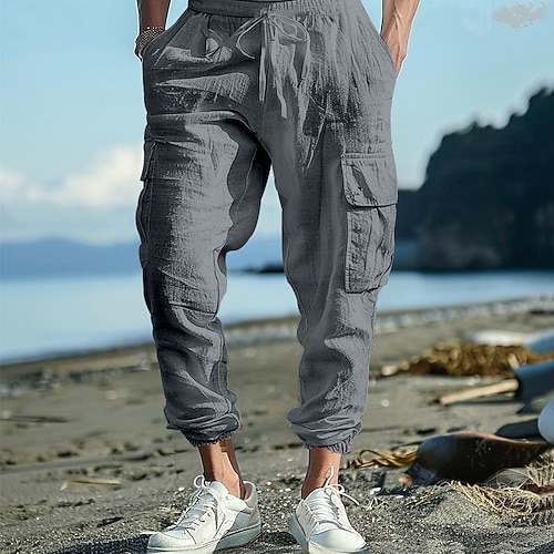 Herren Cargohose Cargohosen Leinenhose Hose Hosen Sommerhosen Strandhose Kordelzug Elastische Taille Multi Pocket Glatt Komfort Atmungsaktiv In voller Länge Casual Täglich Festtage Modisch Klassicher Image