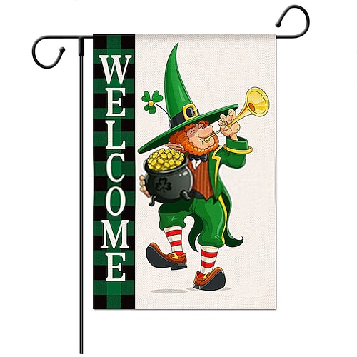 St. Patrick Day Gartenflagge, 30,5 x 45,7 cm, Outdoor-Dekorationen, Willkommens-Garten-Terrassen-Flagge, Glücksklee, Hofzwerge, Regenbogenflagge, doppelseitige Feiertags-Außenflaggen, 1 Stück