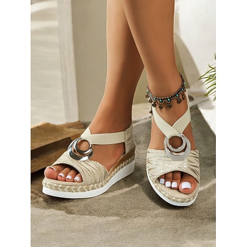 Damen-Espadrille-Keilsandalen im Boho-Stil mit metallischem Ringdetail – Riemchen-Sommerschuhe für Freizeit und Strand Image