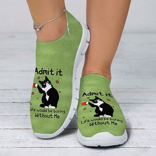 Grüne Slip-On-Sneaker für Damen mit lustigem Katzen-Aufdruck, perfekt für den Alltag Image