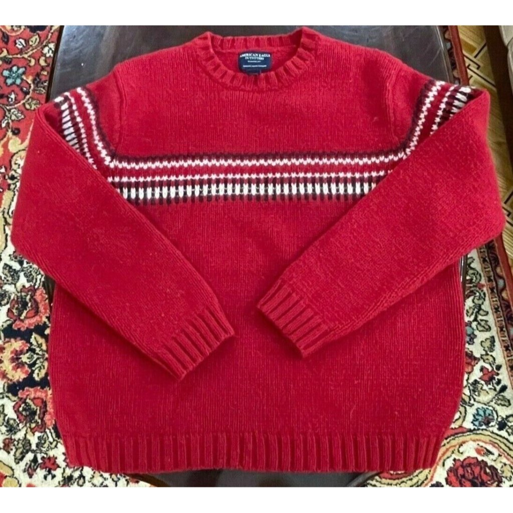American Eagle Outfitters Sweaters | American Eagle Sweater Knit Red Nordic 100% Lambswool Size L- Xl #372 | Color: Black/Red | Size: L