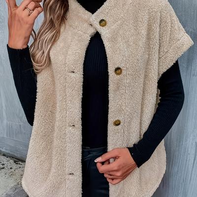 TEMU Elegant Beige Teddy Coat For Women - Casual Short Sleeve Button-up Jacket With Mock Neck, Soft Polyester Blend, Fall/winter, Cute Jacket Image