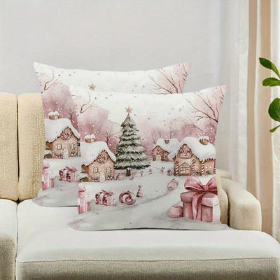 TEMU 2-pack Contemporary Pink Winter Christmas Throw Pillow Covers, 18x18 Inch, Geometric Pattern, Zipper Closure, Machine Washable, Woven Polyester For Room Types Decor Image