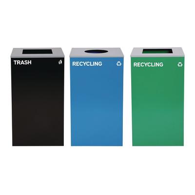 Alpine Industries 29 Gallon Trash/Recycling Cans, Steel, Blue Recycling Can w/Circle Lid, Green Recycling Can and Black Trash Can w/Square Lids (ALH44