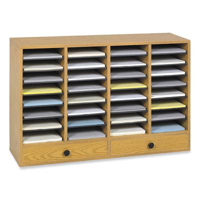 Safco 9494MO Wood Literature Organizer, 32 Adjustable Compartments/2 Drawers, Medium Oak