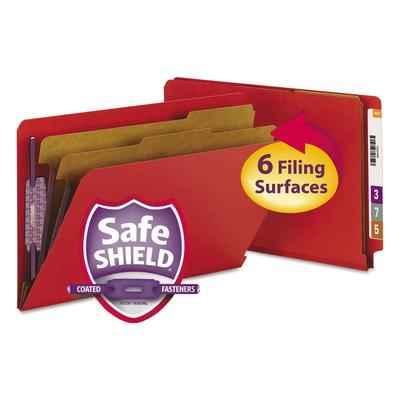 Smead 29783 End Tab Pressboard Classification Folders with SafeSHIELD Fasteners, 2 Dividers, Legal Size, Bright Red, 10/Box - Box of 10