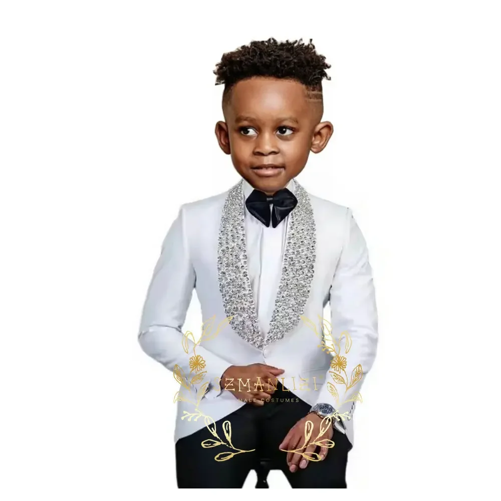 Hochzeit Jungen Anzüge Smoking Hohe Qualität Blumen Jungen Tragen Perlen Kristall Schal Revers Formale Kinder Anzug Blazer Hosen Image