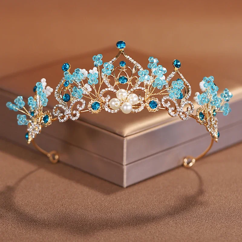 Die neue Prinzessin Krone Blume Perle blau Kristall Braut Diadem Hochzeit Tiara Kopfschmuck Haarschmuck Hochzeit Haarschmuck Image