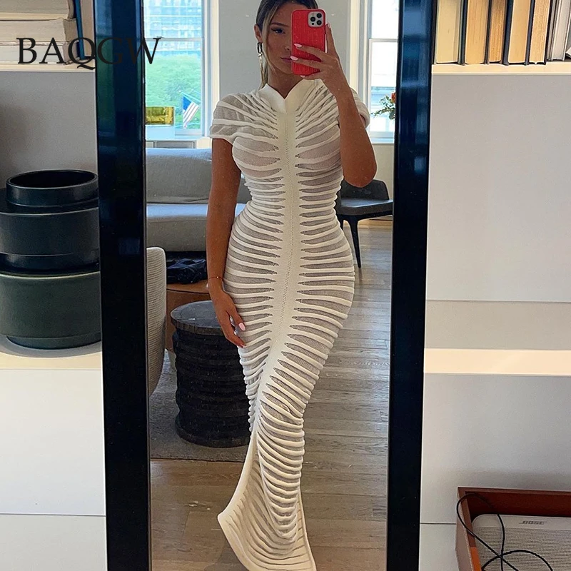 Designer Frauen elegant gestreift aushöhlen sexy Party Club Abend Streetwear Bodycon weiß gestrickt lange Kleider Sommerkleid ung