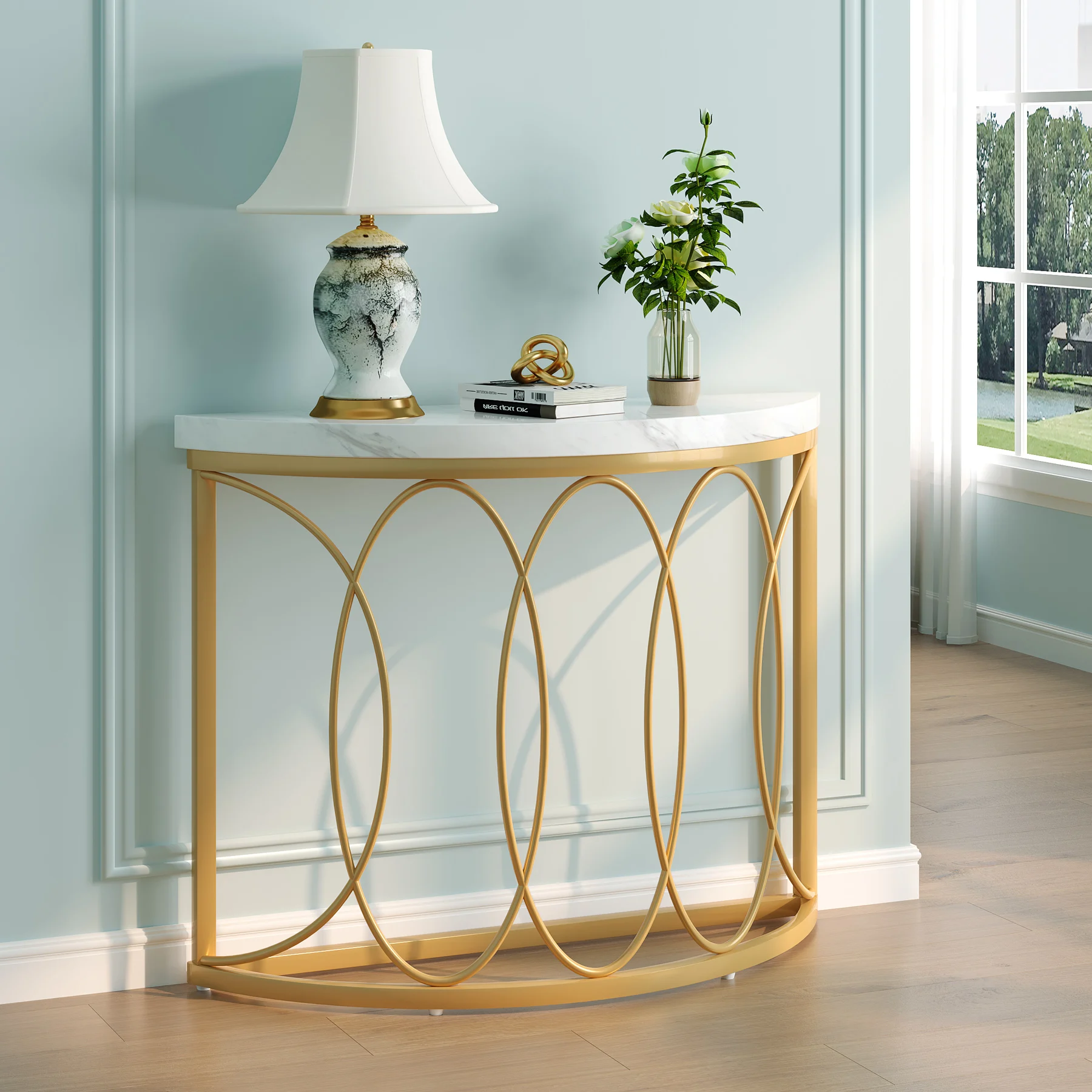Tribesigns Half Moon Gold Konsolentisch, 43" moderner Eingangstisch, schmaler halbrunder Sofatisch mit geometrischem Metallrahmen