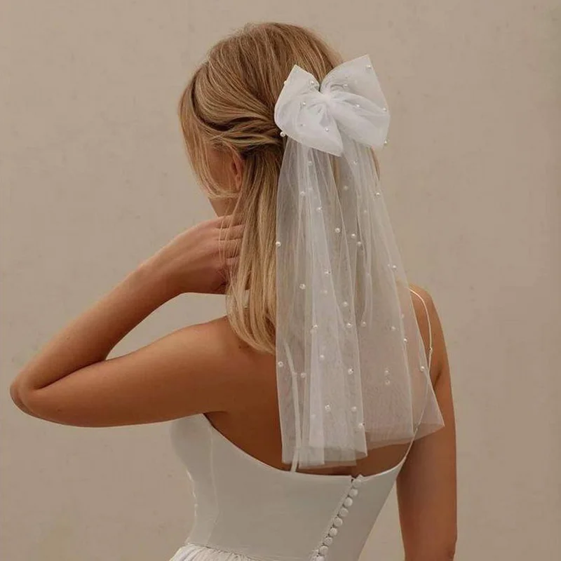 Frauen Lange Band Mesh Bogen Haar Clips Elegante Perlen Haarnadel Weiß Mesh Haarnadeln Hochzeit Party Braut Haar Zubehör Image