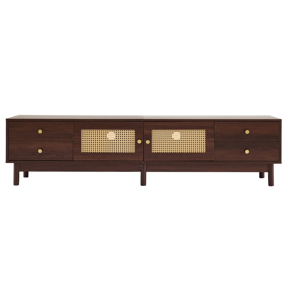 Meuble TV style vintage effet bois noyer avec 2 portes en rotin