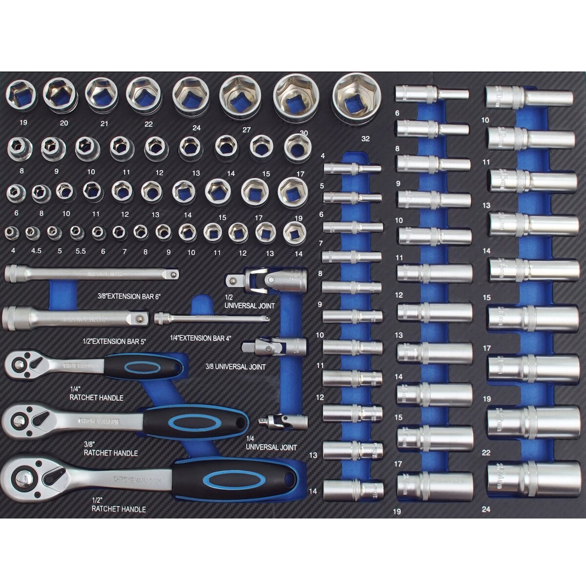 Baumarktplus Profi Werkstattwagen Einlage blau Steckschlüsselsatz 80 tlg. Schaum 520x400mm Image