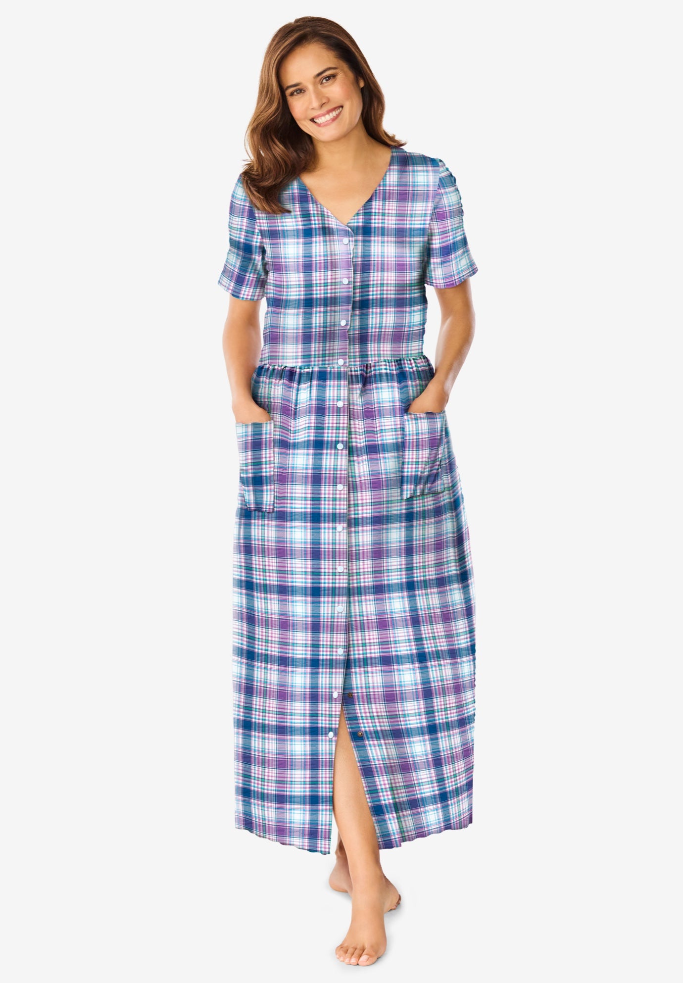 Plus Size Women's Long Seersucker Lounger by Only Necessities in Bright Violet Sapphire Plaid (Size 3X)