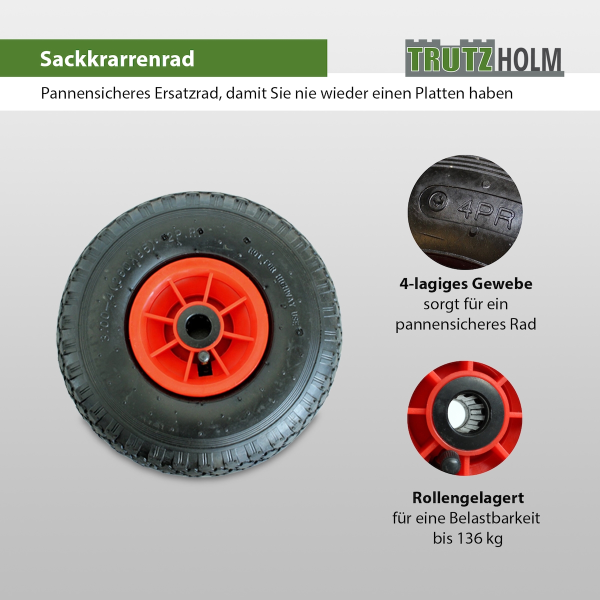 Baumarktplus Sackkarrenrad Luftrad 260x85 mm 3.00-4 75 mm zentrierte Nabe Ø 20 mm rot robustes 4 PR Gewebe Image