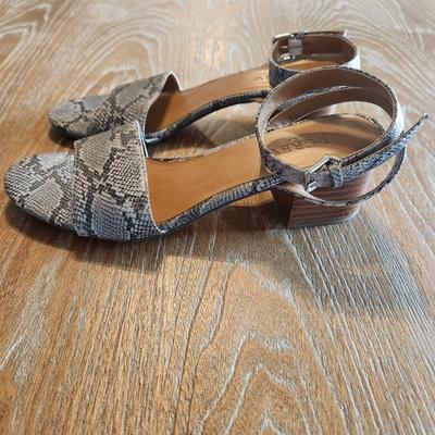 J. Crew Shoes | J.Crew Snake Skin Block Heel Ankle Strap Sandals Women's Size 7.5 | Color: Black/Gray | Size: 7.5