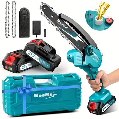 TEMU 20.3 Cm Mini Chainsaw With Battery 8000 Mah, Seesii Mini Chainsaw Electric With Automatic Oiler And 2 Batteries 4000 Mah, Hand Chainsaw Battery For Garden Cutting, Loppers Wood Cut Image