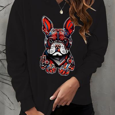 TEMU Women's Casual French Bulldog Print Hoodie, 100% Polyester Knit Fabric, Long Sleeve Hooded Sweatshirt, Fall/winter Alphabet Pattern Letter Print Drawstring Hoodie Image