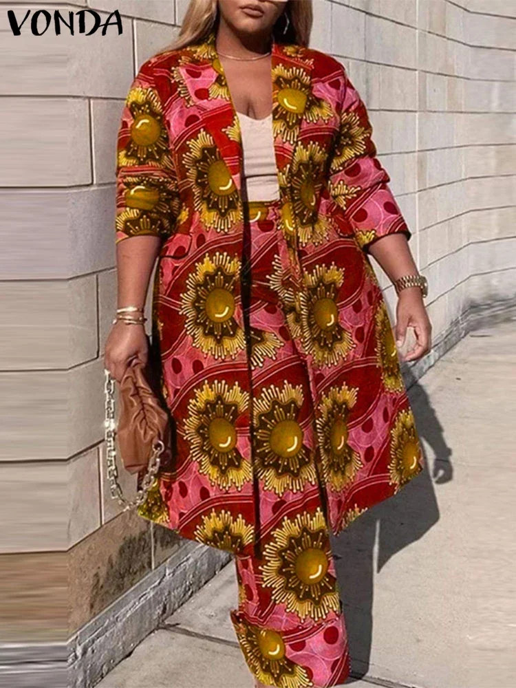 Plus Size VONDA Set da donna in due pezzi 2024 Vacanza Bohemian Stampa Abiti eleganti a maniche lunghe Moda Casual Abiti semplici da 2 pezzi