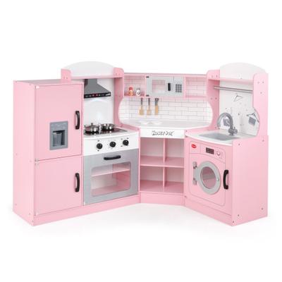 Costway Corner Kids Play Kitchen with Washing Machine and Ice Maker Gift for Boys Girls-Pink