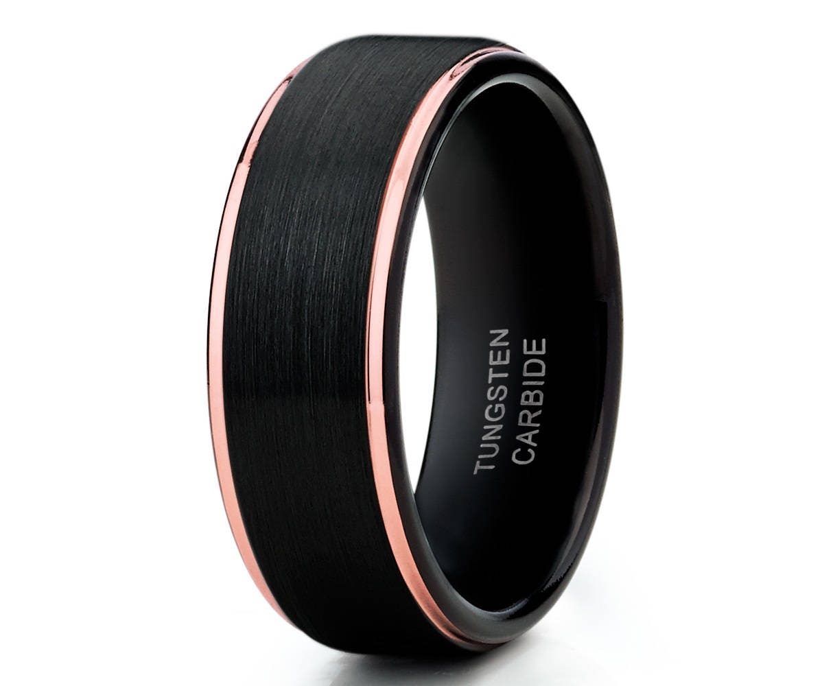 Fede nuziale in tungsteno nero, fede nuziale in tungsteno oro rosa 18k da 8 mm, fede nuziale in tungsteno oro rosa, anello per anniversario, anello di