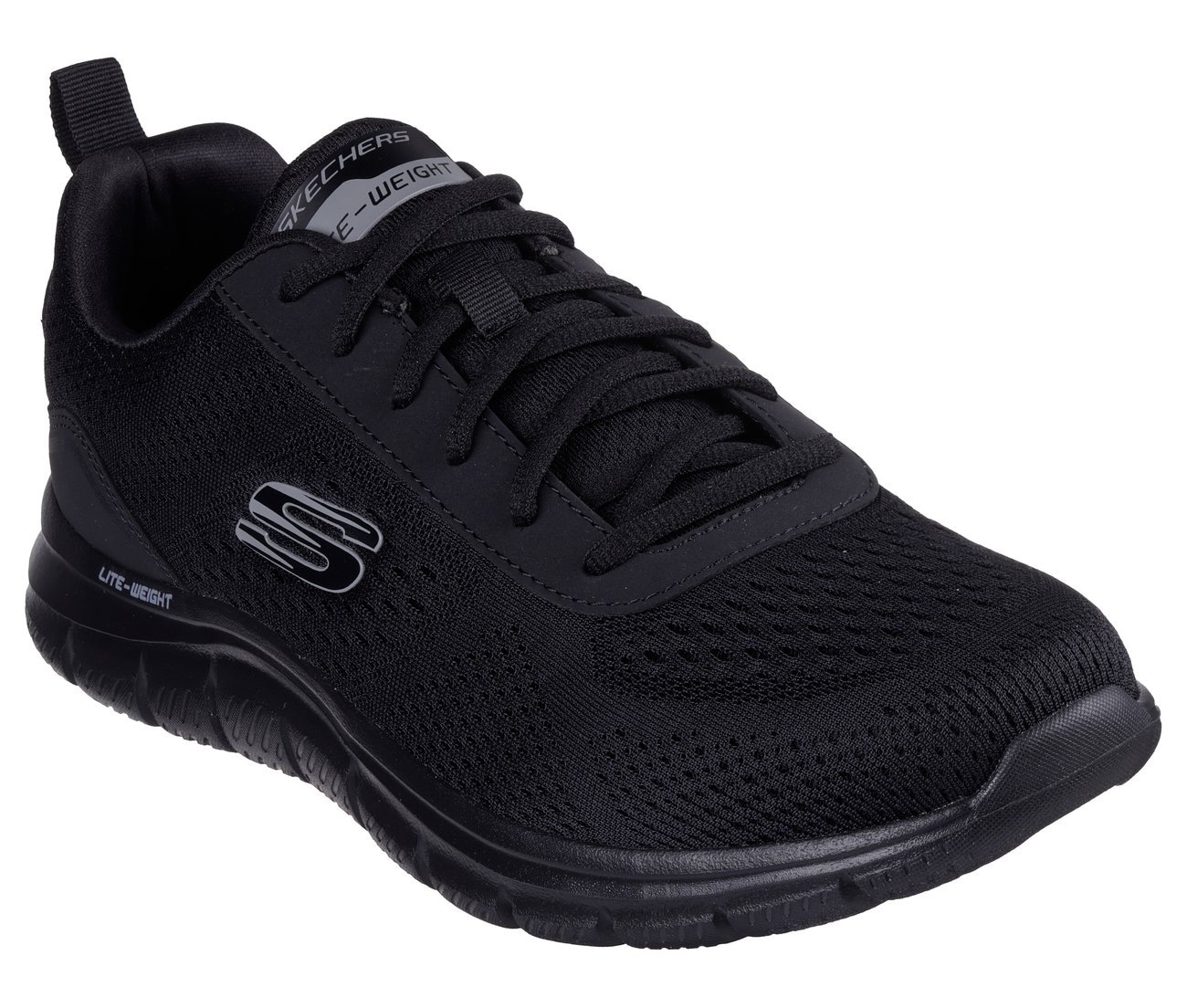 Schnürschuh SKECHERS "TRACK-LESHUR", Herren, Gr. 45, schwarz (schwarz, schwarz), Lederimitat, Textil, Schuhe Schnürschuh, Freizeitschuh, Trainingsschuh im Materialmix