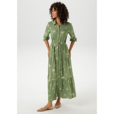 Maxikleid ANISTON CASUAL, Damen, Gr. 44, N-Gr, grün (salbei, sand), Web, Obermaterial: 100% Viskose, bedruckt, feminin, figurumspielend knöchelfrei, Langarm 1-Knopf-Manschette, Kleider, mit Palmen bedruckt - jedes Teil ein Unikat Image