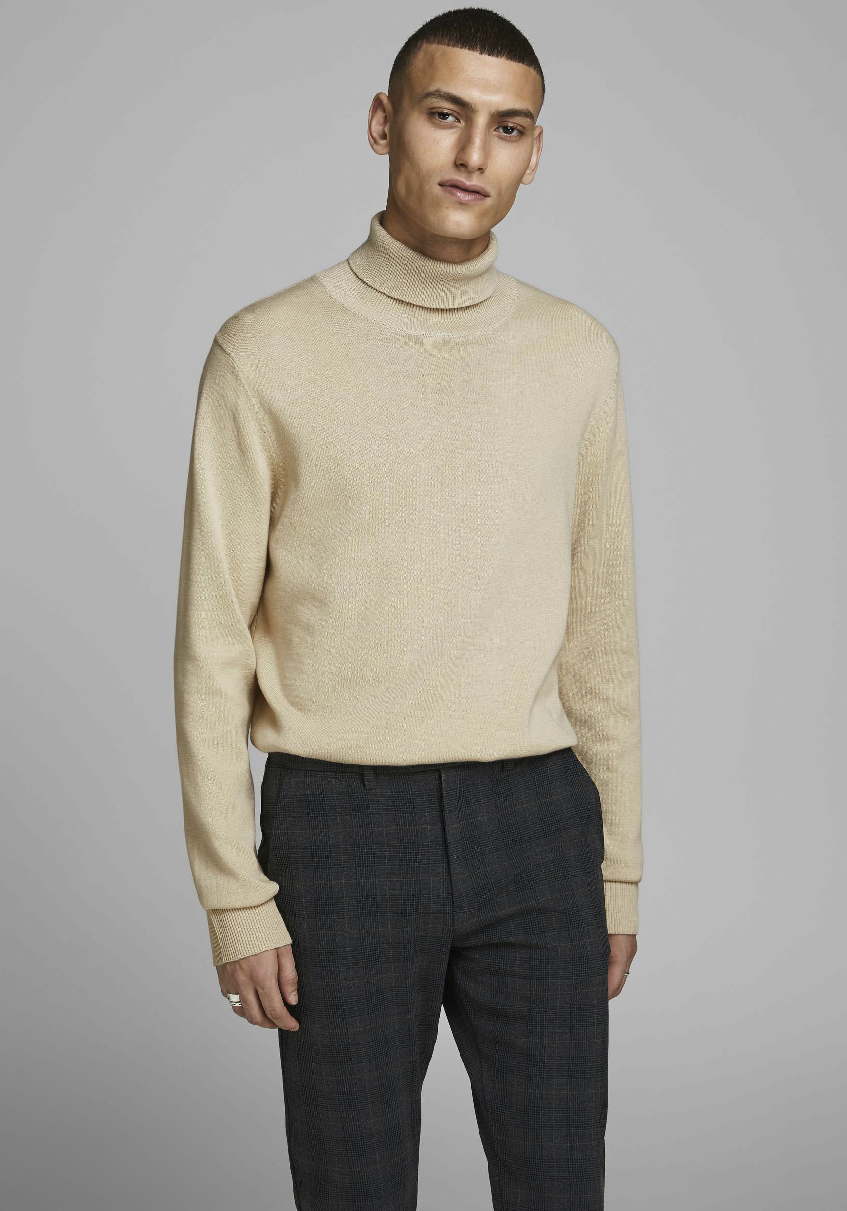 Rollkragenpullover JACK & JONES "Emil Knit Roll", Herren, Gr. L, beige, Obermaterial: 60% Baumwolle, 20% Nylon, 20% Viskose, Modisch, schmal hüftbedeckend, Rundhals, Pullover