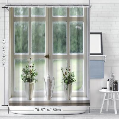 TEMU 1pc White Wooden Window Print Shower Curtain - Machine Washable Polyester, Fabric, Includes Hooks, Bathroom Decor, Bathroom Decor | Wooden Window Design | Polyester Fabric Image