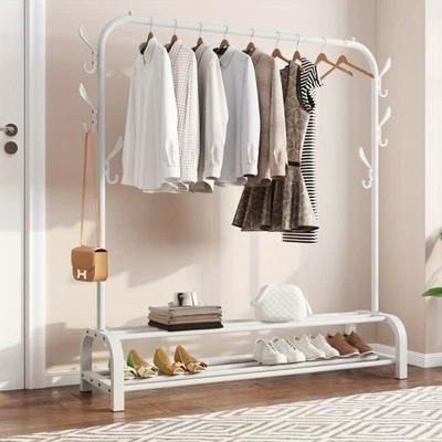 TEMU Clothes Rail Heavy Duty Clothing Rail For Bedroom Metal Garment Rack 110x33x150cm Clothing Rack With 2 Tier Shoe Storage Shelf And 6 Side Hooks Coat Rack Hanging Rail For Clothes