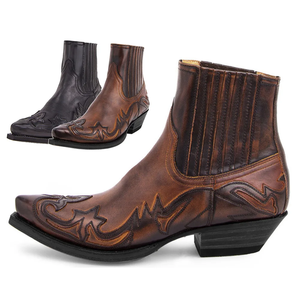 Herrenstiefel, handgefertigte Stiefeletten, Western-Cowboystiefel, Stickerei, spitze Schuhe, Unisex, verschleißfester Lederstiefel, Übergröße 48