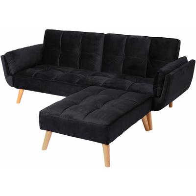 Schlafsofa HHG 546 mit Ottomane, Couch Sofa Gästebett, Schlaffunktion 218x175cm Samt schwarz Image