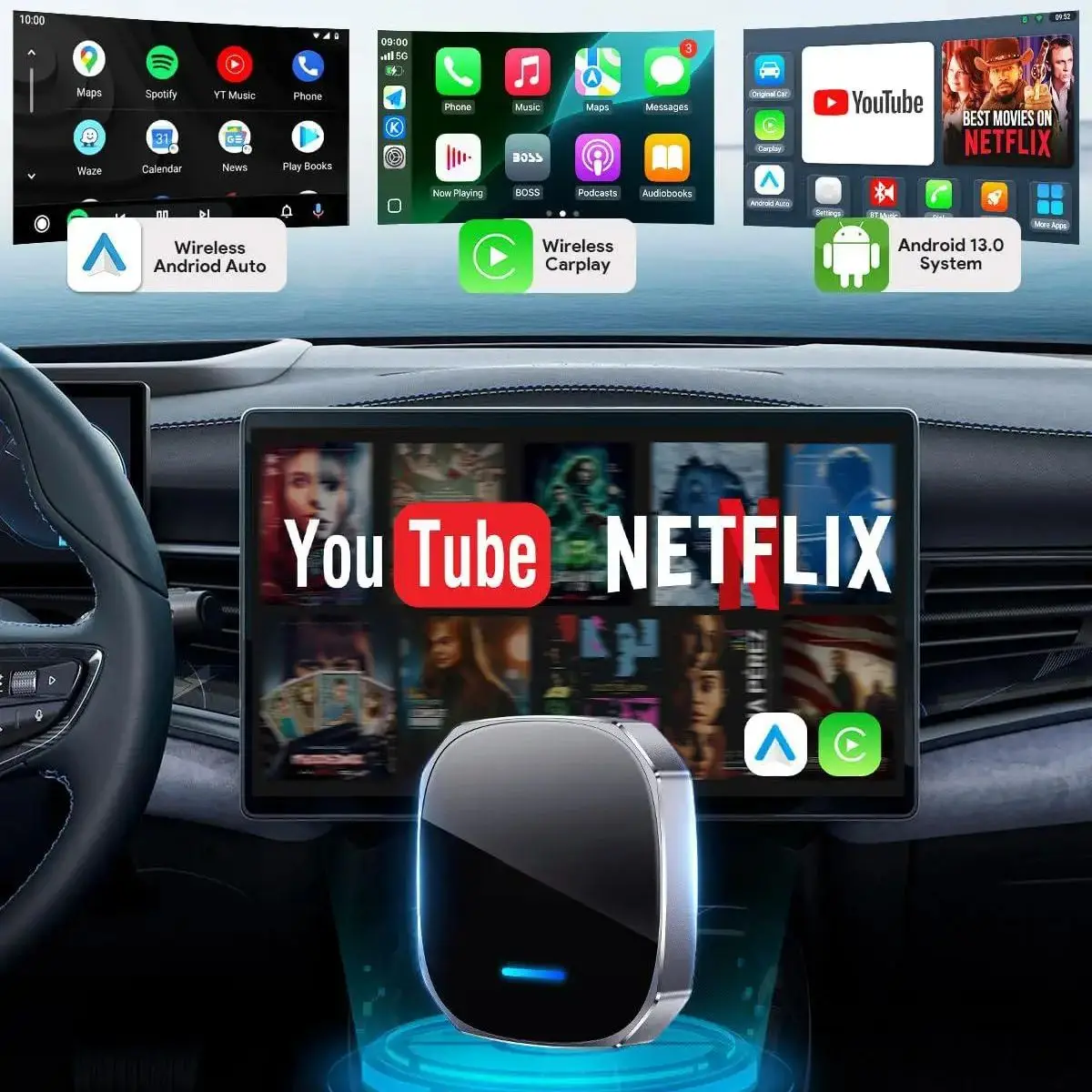 Universeller kabelloser Android Auto Apple CarPlay Dual-WiFi-Adapter Smart AI Box mit Multimedia-Video für Youtube Netflix TikTok Image