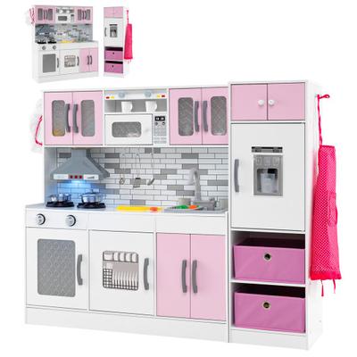 Costway Wooden Kitchen Playset with Lights and Sounds for Ages 3+-Pink