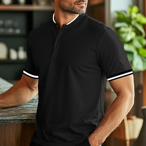 Herren Poloshirts Kragenlose Golfshirts Lässig Stehkragen Kurzarm Basic Bequem Einfach Knöpfe Sommer Frühling Normale Passform Schwarz Weiß Rote Poloshirts Image