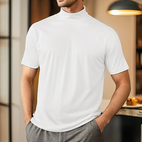 Herren T Shirt Rollkragenhemd Kurzarm Rollkragen Sommer Frühling Einfach Mode Lässig Bequem Weich Heim Lässig Wochenende Schwarz Weiß Grau Top T-Shirt für Herren Image