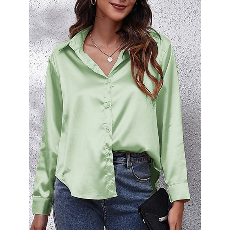 Women's Shirt Elegant Dressy Satin Top Solid Color Business Modern Casual Long Sleeve Shirt Collar Regular Tops Work Formal Wear Buttons Blue Yellow Pink Wine Green Summer Spring