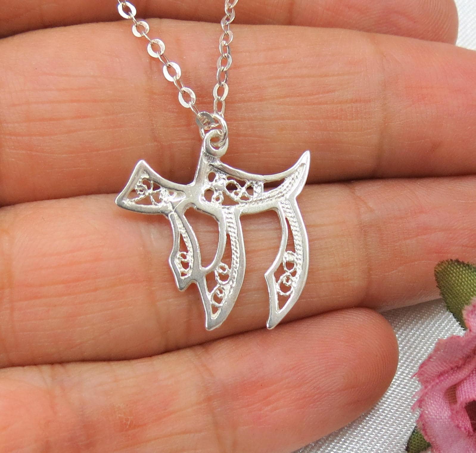 Collana Chai, ciondolo Chai, collana Chai in argento sterling, gioielli ebraici, collana con simboli Judaica, collana Kabbalah, ciondolo Chai in filig