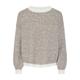 Rundhalspullover PIECES "PCDILIPPA LS O-NECK KNIT MM", Damen, Gr. M (38), braun (crockery aop:cloud dancer), Strick, Obermaterial: 79% Polyester, 13% Polyacryl, 5% Wolle, 3% Elasthan, gemustert, modisch, Rundhals, Langarm, Pullover