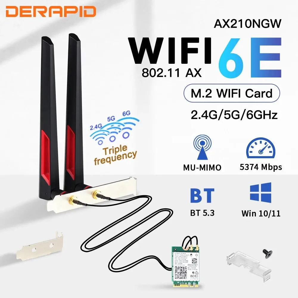 Adattatore wireless WiFi 6E AX210 M.2 2.4G/5G/6GHz Bluetooth 5.3 Wi-Fi 6 AX210NGW NGFF 10DBI Set di antenne per desktop/PC Win10/11