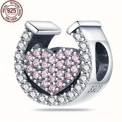 TEMU 1pc Elegant 925 Sterling Hoof & Heart Charm With Pink & Clear Gemstones, Fits Bracelets - Making, 4g Image