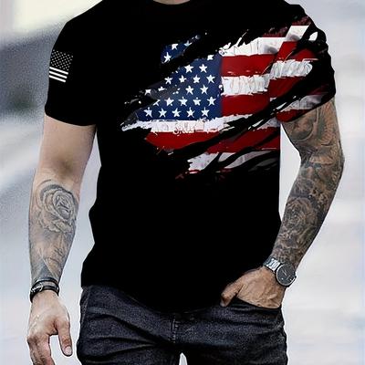 TEMU Men's Summer Fashion, Us Flag And Ripped Pieces Like Graphic Neck And Short Sleeve T-shirt, Tops For Outdoors And Sports Wear