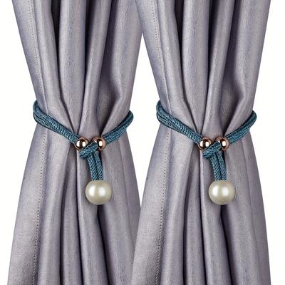 TEMU 2pcs Luxurious French Curtain Tiebacks With Pearl Accent - Elegant Polyester, No-drill Adjustable Cord For Sophisticated Home Decor Image