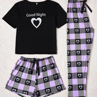 TEMU Print Slogan Pattern Black Short Sleeve Top + Love Shorts + And Love Long Pants With Bow Decoration And Waist 3pcs Pajama Set Image